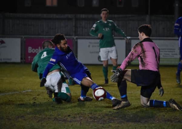 Action from Peterborough Sports 1, Loughborough Dynamo 2. Sports are in blue. Photo: James Richardson.