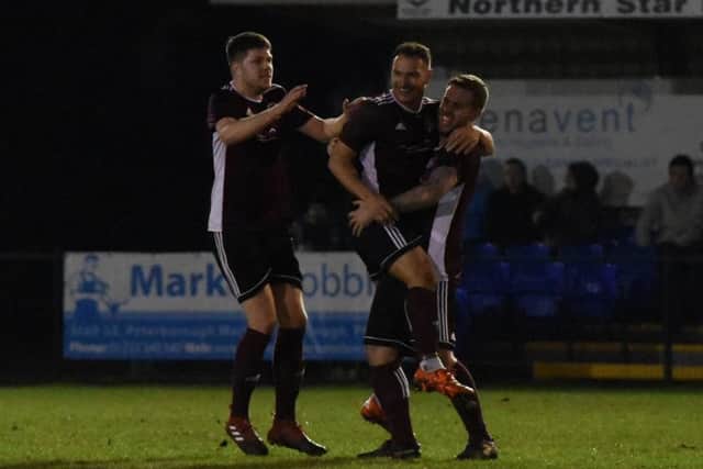 Holbeach United players celebrate a goal at Peterborough Northern Star. Photo: Chantelle McDonald. @cmcdphotos.