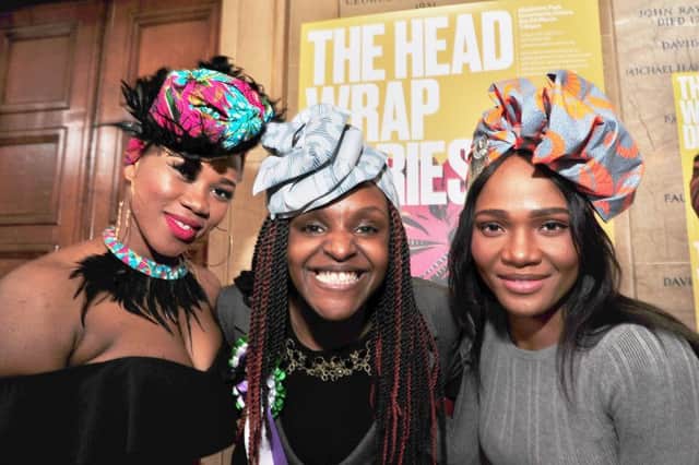 Peterborough Women's Festival at the Town Hall. Ayomide Ebi and Oladipupo Davis wearing Seraphic Couture head-dresses with MP for Peterborough Fiona Onasanya EMN-181003-174239009