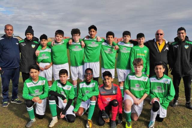 FC Peterborough Under 13s are pictured before their 11-1 win over Park Farm Pumas Black. From the left are, back, Ikhaq Rehman, Mehtab Akram, Adal Aziz, Kevin Gonclaves, Jack Smith, Thahaa Sohail, Marcos Da Silva, Zachariah Aziz, Memet Kockat, Peter Price, Arif Aziz, front, Azeem Zia, Ryan Price, Amadu Djalo, Umar Zabair, Joao Miguel Alves Da Costa and Haidar Iqbal.