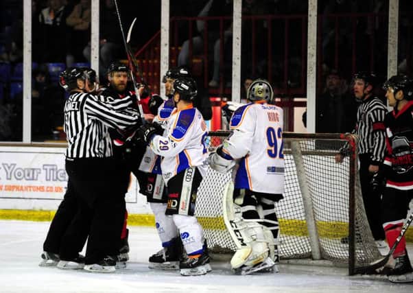 'Handbags' during the Phantoms/MK play-off match at Planet Ice. Photo: Alan Storer/Feral Marmot Films.