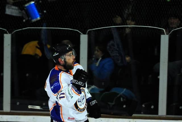James Ferrara celebrates his goal for Phantoms against MK. Photo: Alan Storer/Feral Marmot Films.