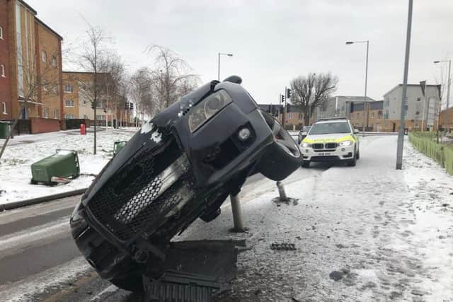 The car hanging in the air. Photo: @roadpoliceBCH