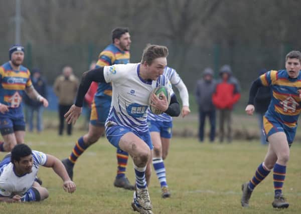 Tom Gulland is on his way to scoring a try for Peterborough Lions against Old Halesonians. Photo: Mick Sutterby/picturethisphotography