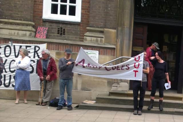 Protests against Andy Coles outside Peterborough Town Hall