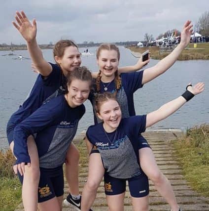 Peterborughs girls J17 coxed four of Jenna Taylor, Olivia Hutchinson, Georgina Parker and Hannah Bassett.