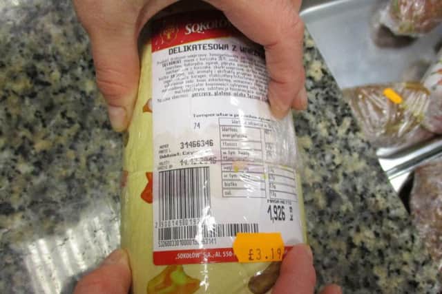 A cooked meat product found in the Baltic Food delicatessen on 5th January 2017.  The use by date of 14th December 2016 had been sliced through, and the meat re-wrapped for sale.