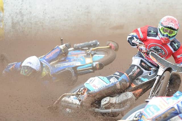 Nick Morris spearheads the Lakeside team. Hes pictured here crashing at Alwalton when riding for Berwick Bandits last year.