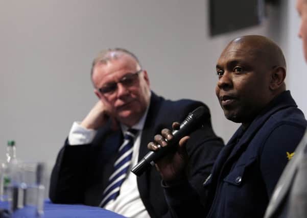 Former Posh player Trevor Quow (right) with manager Steve Evans at a fundraising event at the ABAX Stadium. Photo: Joe Dent/theposh.com.