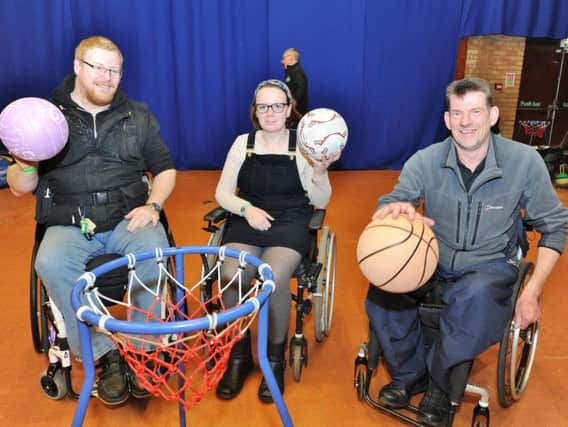 Mick Born, Sophie Richardson and Barry Plumb playing wheelchair basketball during Sporting Saturday 2018 at The Cresset