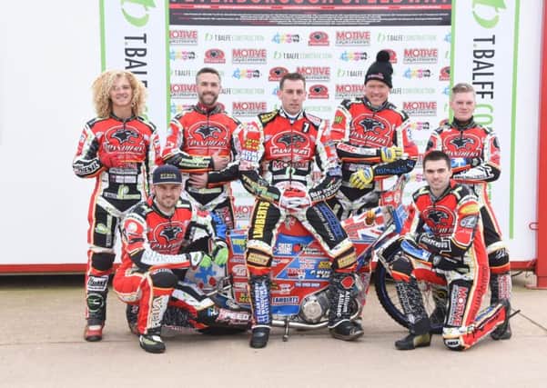 The new Peterborough Panthers team for 2018 are, back row, left to right, Nike Lunna, Simon Lambert (on bike), Ulrich Ostergaard, Michael Palm Toft, front, Emil Grondal and Tom Bacon. Photo: David Lowndes.