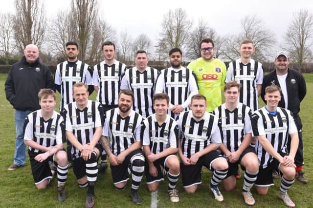Oundle Town Reserves before their 3-2 defeat at Brotherhood Sports in a PFA Junior Cup semi-final, back row, left to right, (back)  Paul McLaughlin, Hemal Godhania, Steven Ward, Wayne Wright, Neil Godhania, Gareth Packer, Luke Keane, Jamie Stock, front, Ryan Pickstone, John Sturgeon, Ricky Brown, Will Harris, Sean Treagus, Nathan Butler, Rian Kilgour.