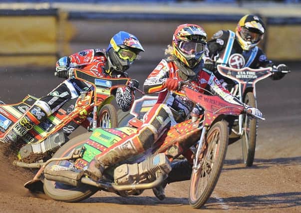 Nike Lunna leads Panthers teammate MIchael Palm Toft in heat five against Lakeside Hammers. Photo: David Lowndes.