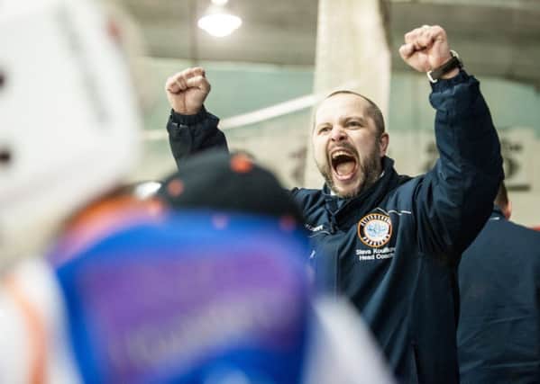 Phantoms coach Slava Koulikov celebrates victory in the play-offs over Swindon. Photo: Alan Storer/Feral Marmot Films
