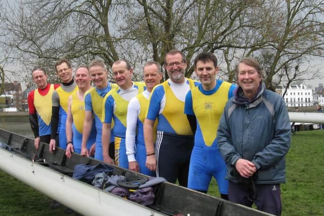 The Peterborough City Masters Novice eight. From the left they are James Baille, Tim Jeffries-Harris, Kenny Low, Steve Ackerman, Neil Elder, Neil Beckingham, Joe Smith, George Nash and cox John Canton.