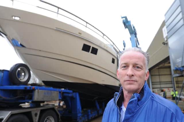 Fairline Yachts last Squadron 78 leaves the Oundle factory for delivery to Ipswich. Miles Moorhouse, head of marketing