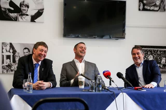 Posh partners Jason Neale (left), Darragh MacAnthony (centre) and Stewart Thompson (right) having fun at today's press conference.  Photo: Joe Dent/theposh.com.