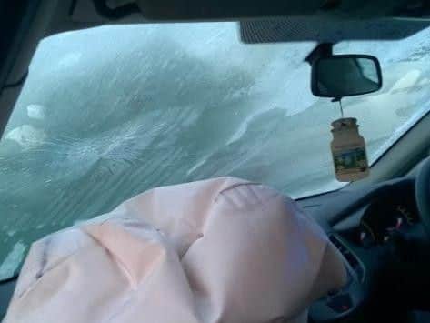 The windscreen of the Fiat Punto involved in the RTC this morning