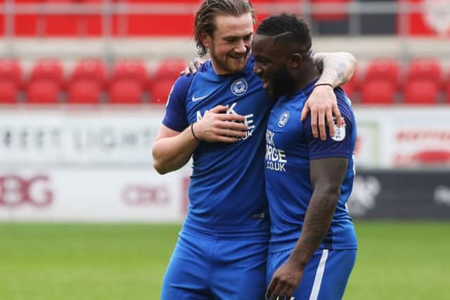 Posh pair Jack Marriott and Junior Morias after the game at Rotherham. Photo: Joe Dent/theposh.com.