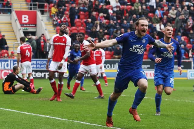 Jack Marriott celebrates his 98th-minute equaliser at for Posh at Rotherham. Photo: Joe Dent/theposh.com.