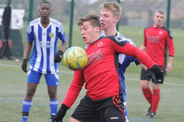 Dan Fountain (red) scored for Netherton United against Sawtry.