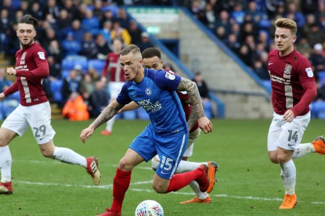 Joe Ward on the attack for Posh against Northampton. Photo: Joe Dent/theposh.com.