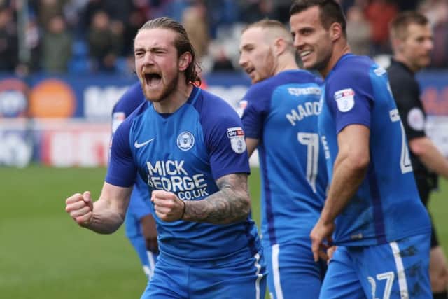 Jack Marriott celebrates his 31st goal of the season for Posh in the derby against Northampton. Photo: Joe Dent/theposh.com.