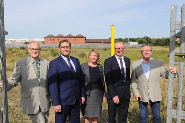 Coun John Holdich, Mayor James Palmer, Sarah Ireland from CKH, Michael Heekin from CKH, Coun Peter Hiller at the Medesham site at Newark Road EMN-170717-163121009