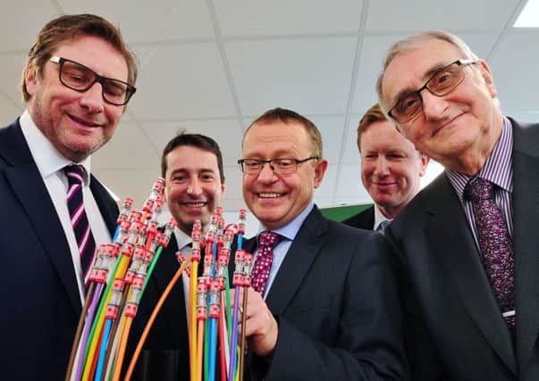 From left, Mayor of Cambridgeshire and Peterborough James Palmer and Peterborough City Council leader Coun John Holdich with Guilhem Poussot (Vodafone), Andy Starnes, of City Fibre, and Rob Hanalin of City Fibre.