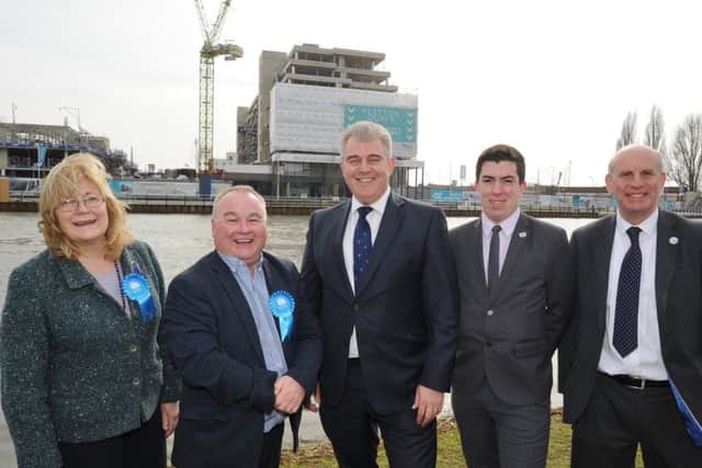 Chairman of the Conservative Party Brrandon Lewis on a visit to Peterborough today with Cllr Lynne Ayres, Cllr Wayne Fitzgerald, Rylan Fowler (central office campaign manager) and candidate John Peach. EMN-180604-164825009
