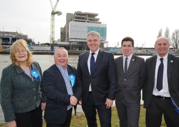 Chairman of the Conservative Party Brrandon Lewis on a visit to Peterborough today with Cllr Lynne Ayres, Cllr Wayne Fitzgerald, Rylan Fowler (central office campaign manager) and candidate John Peach. EMN-180604-164825009