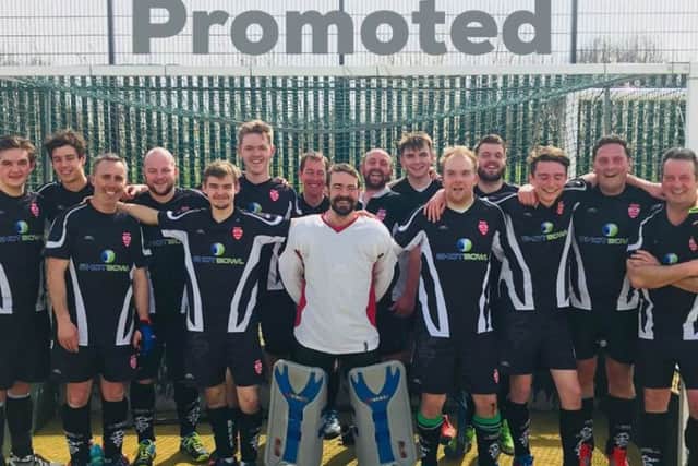 Bourne Deeping seconds after winning promotion, left to right, Ollie Vartan, Harry Fontaine, Andrew Fletcher, Jamie Cooper, Jonny Allen, James Taverner, Graham Brewer, Joe Wray, Treve Wagstaffe, Tom Mayhew, Scott Downie, Matt Clarkson, Robin Edlington, Ollie Browne and Andrew Dodds.
