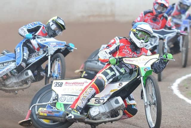 Emil Grondal leads the way for Peterborough Panthers in the first heat against Redcar. Photo: David Lowndes.