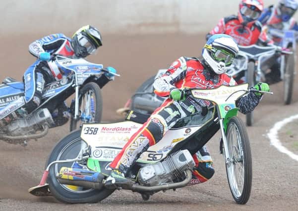 Emil Grondal leads the way for Peterborough Panthers in the first heat against Redcar. Photo: David Lowndes.