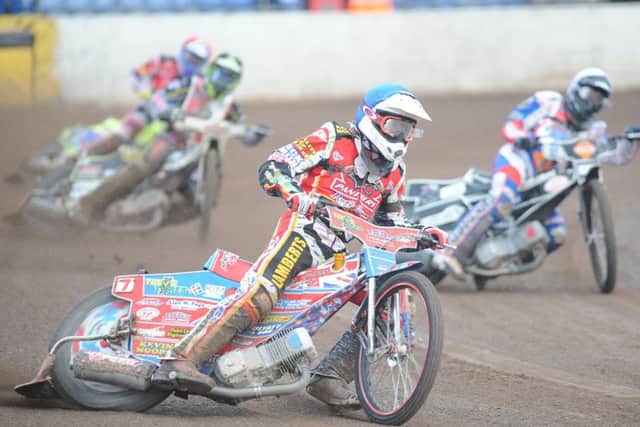 Simon Lambert is in front in heat four for Peterborough Panthers against Redcar. Photo: David Lowndes.