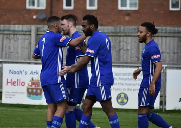Peterborough Sports celebrate a goal in their 3-1 win over Sheffield FC at the weekend. Photo: James Richardson.