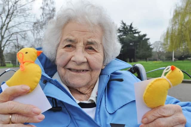 The Little Yellow Ducks Project duck give-away at Central Park. 97-year-old  Doreen Rowcliffe. EMN-180415-153812009