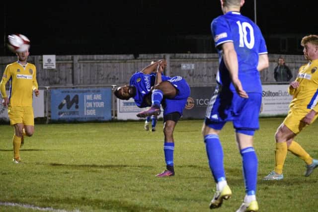 Peterborough Sports striker Avelino Vieira shoots at goal against Spalding United. Photo: James Richardson.