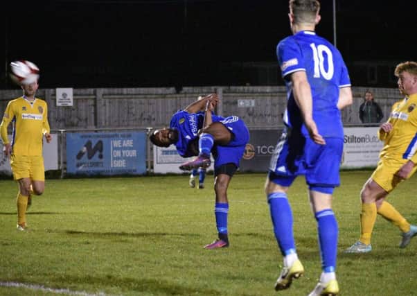Peterborough Sports striker Avelino Vieira shoots at goal against Spalding United. Photo: James Richardson.