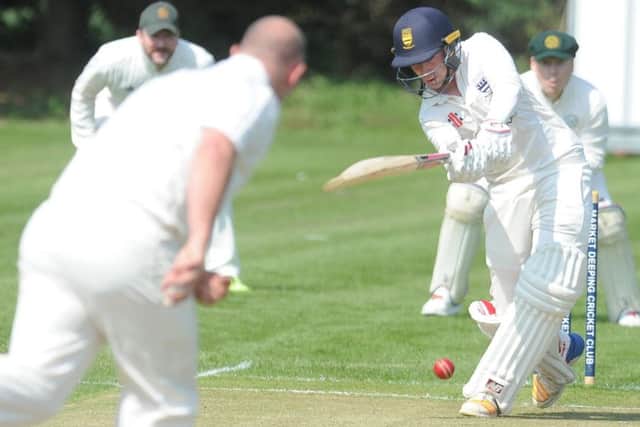 Bourne opener Jordan Temple plays a handsome drive in the Lincs Premier Division match at Market Deeping. Photo: David Lowndes.