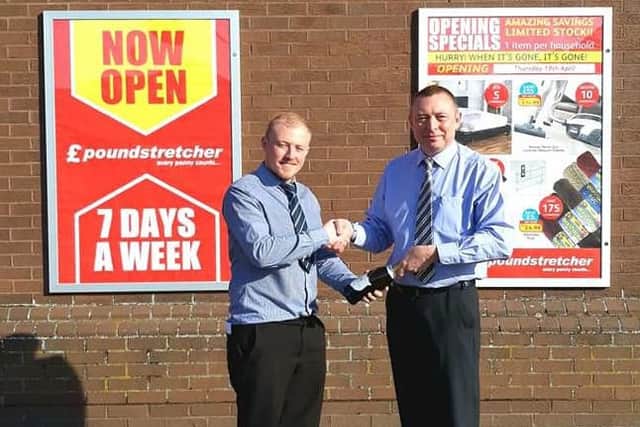 Deeping Shopping Centre manager, Kevin Smith, welcomes Poundstretcher and its area manager, Ben Eaton.