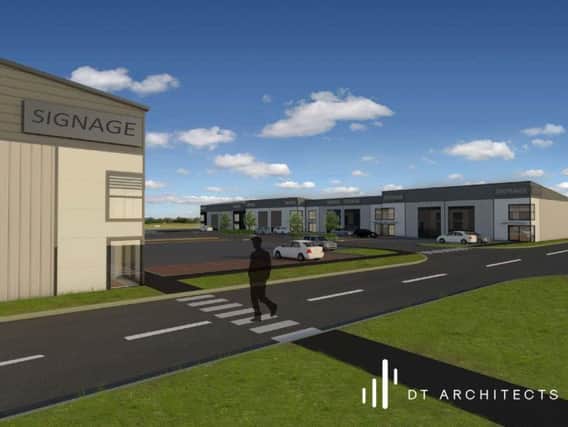 An image shows how the planned business park will appear when completed.