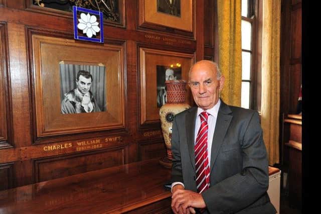 Charles Swift with a portrait at the Town Hall in May 2011, 50 years after he was elected as Mayor of Peterborough has now hit out at the council on which he served for so long