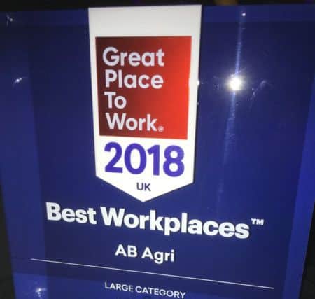 The best place to work award won by AB Agri, Peterborough.