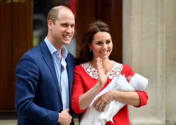 The Duke and Duchess of Cambridge and their newborn son outside the Lindo Wing at St Mary's Hospital in Paddington, London. PRESS ASSOCIATION Photo. Picture date: Monday April 23, 2018. See PA story ROYAL Baby. Photo credit should read: Dominic Lipinski/PA Wire PPP-180427-103641001