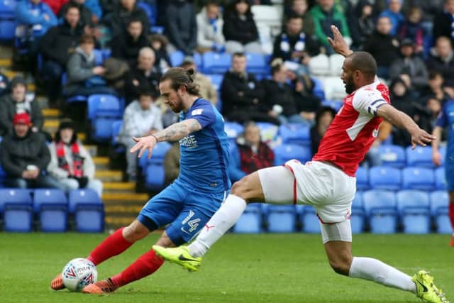 Posh striker Jack Marriott saw this shot saved by Fleetwood 'keeper Chris Neal. Photo: Joe Dent/theposh.com.