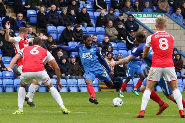 Posh midfielder Anthony Grant struck the crossbar from this shot in the 2-0 win over Fleetwood. Photo: Joe Dent/theposh.com.