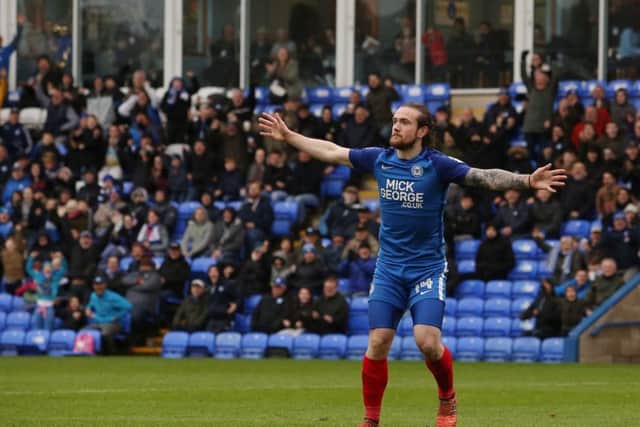 Posh star Jack Marriott celebrates the 33rd goal of his season against Fleetwood. Photo: Joe Dent/theposh.com.