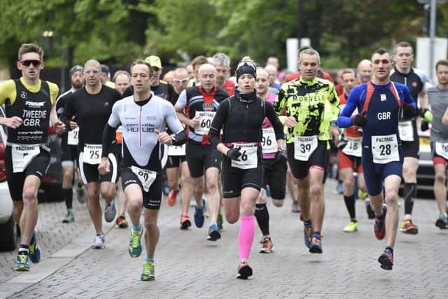 The start of Sundays PACTRAC Duathlon at Castor, which was won by Nathan Tweedie (left). Runner-up was Paul Lunn (third left).