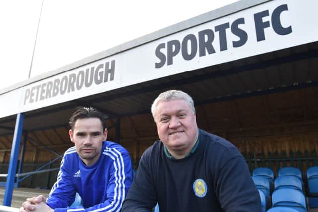 Outgoing Peterborough Sports chairman Stephen Cooper (right) with the club's Head of Academy Marc Burchett.